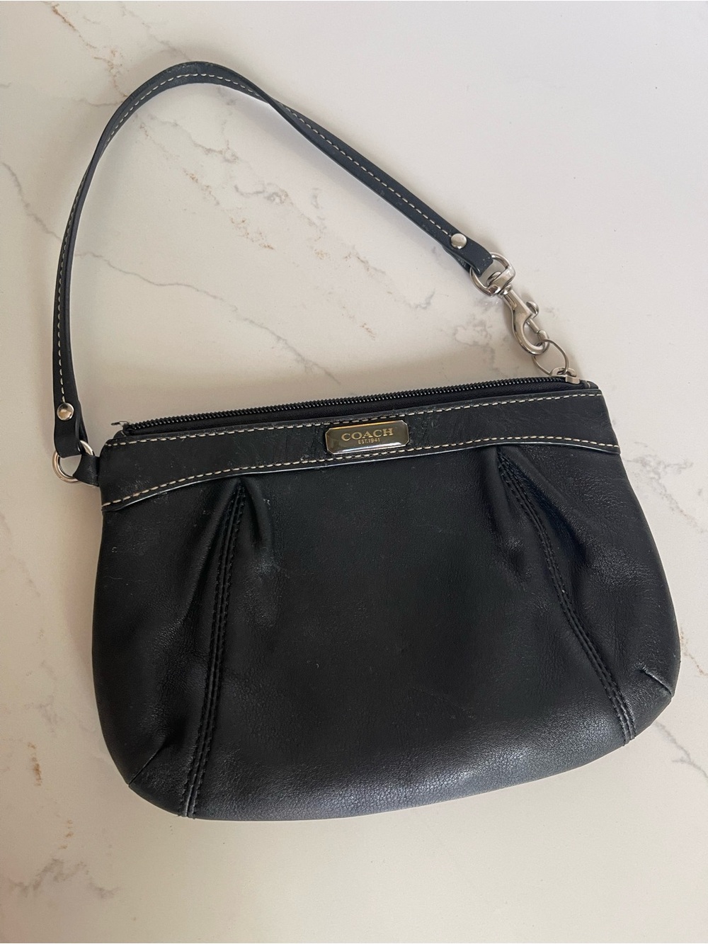 Coach Black Leather Wristlet Clutch with Contrast Stitching